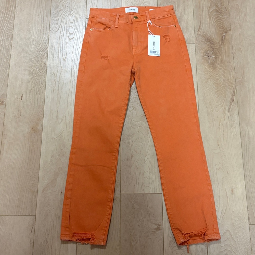 FRAME Le High Straight, Distressed, Washed Tangerine, sz 27